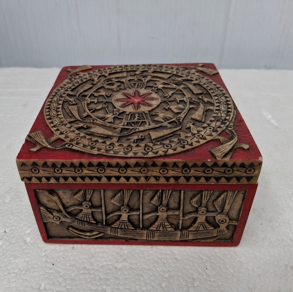 Handcraft Carved Reconstituted Stone Vietnamese Trinket Box With Mythical Motif